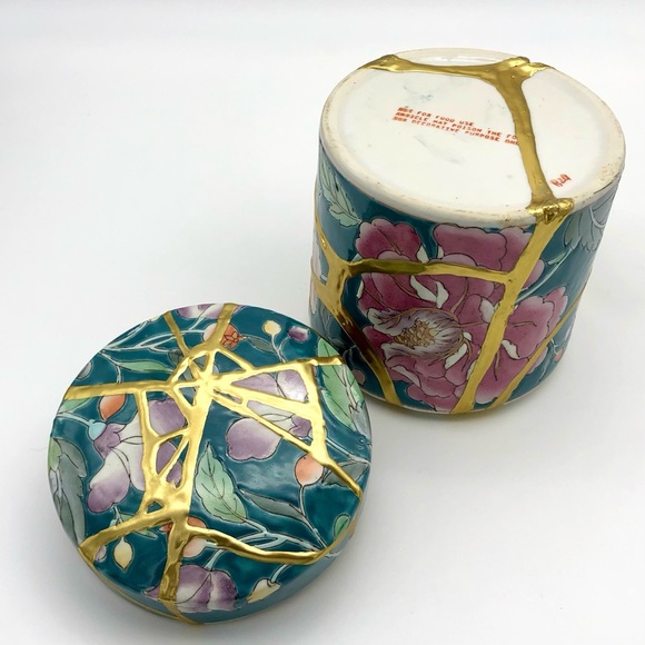Kintsugi Container Stash Pot Chinese Floral Porcelain Gold Crack Growth Gift - Picture 11 of 13